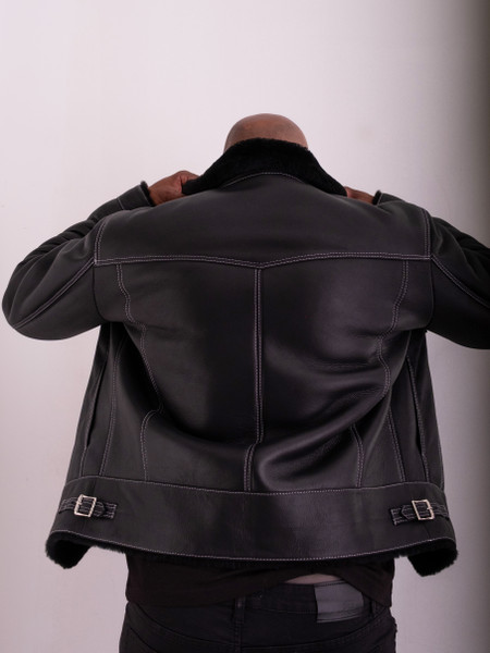 Back View of Mens Sheepskin Trucker Style Jacket in black