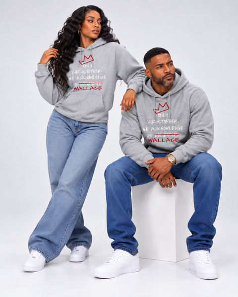 man and woman wearing Only Christopher we acknowledge is Wallace gray graphic hoodie