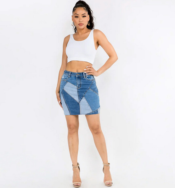High Waist Denim Patchwork Skirt | HipHopCloset.com