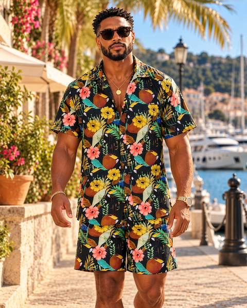 man wearing flower print shorts set