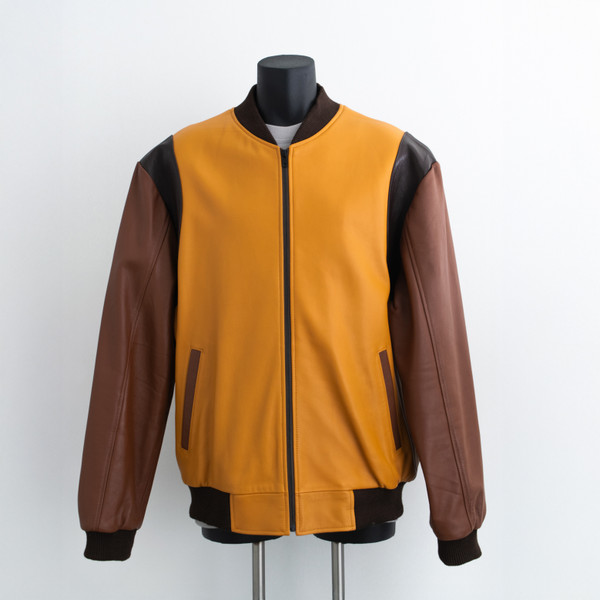front view of Brown and Gold Varsity look Leather Jacket