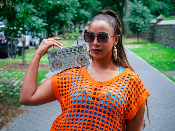Hip Hop inspired boombox purse with crystal embellishments