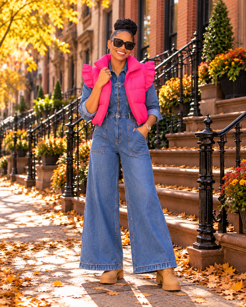 lifestyle image of a woman wearing Hot Pink Ruffle Sleeve Vest for women