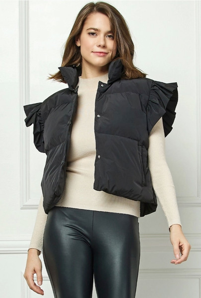 Women's Ruffle Sleeve Black Puffer Vest