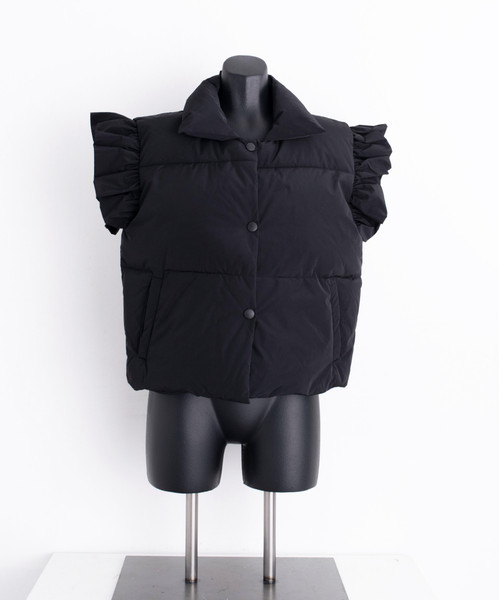 Women's Ruffle Sleeve Black Puffer Vest trending now 