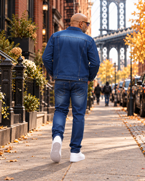 back  view of a man in a Navy Denim 2 piece Jeans Set Mens Outfit