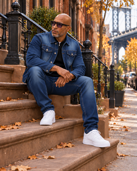 view of a man in a Navy Denim 2 piece Jeans Set Mens Outfit sitting on Brooklyn steps