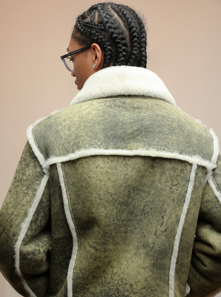back view of man wearing Green Tint Sheepskin Trucker Jacket