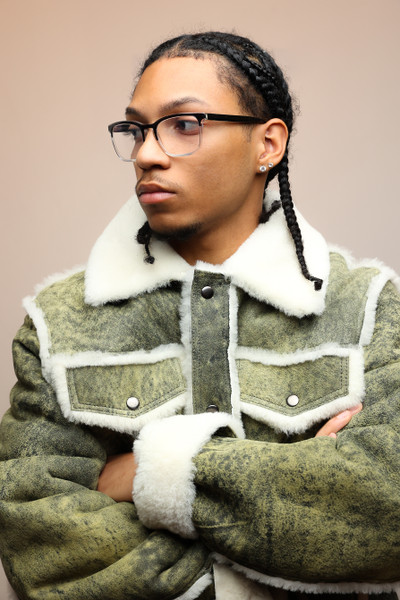 man wearing Green Tint Sheepskin Trucker Jacket