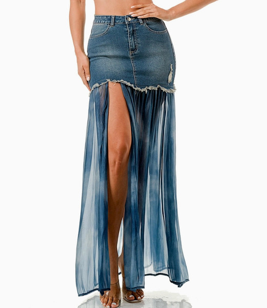 Mini denim maxi skirt with chiffon polyester bottom