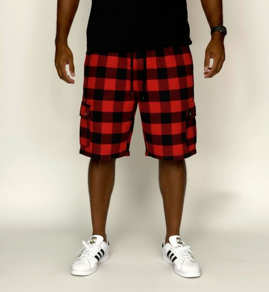 Red and Black Lumberjack Cargo Shorts for men