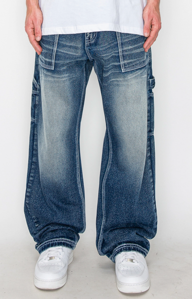 【BAON】Kadeki Carpenter Wide Denim Pants Baggy Fit Washed Carpenter Jeans | HipHopCloset.com