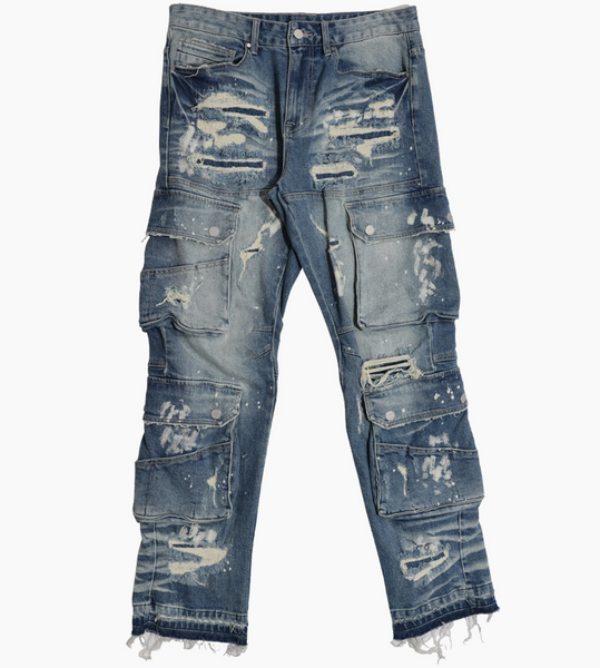 【HI FI FNK】Ran Cargo Raw Denim First Row Utility Cargo Jeans | HipHopCloset.com