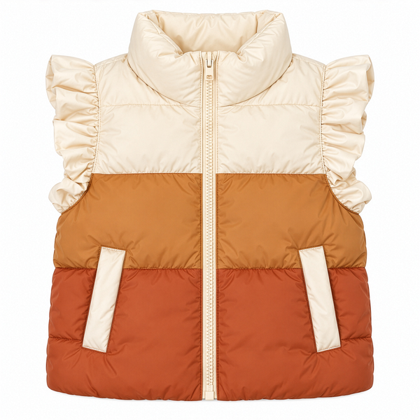 front view of Ruffle Sleeve Multi Color Orange Puffer Vest