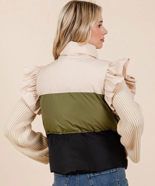 Ruffle Sleeve Multi Color Green Puffer Vest