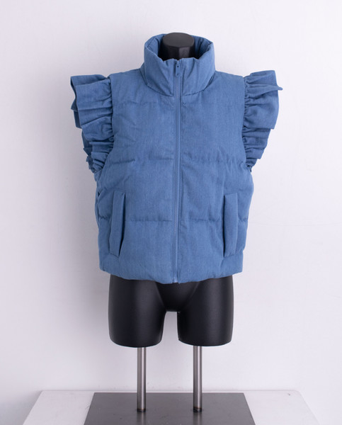 Denim Puffer Vest for women with Ruffle Sleeves 
