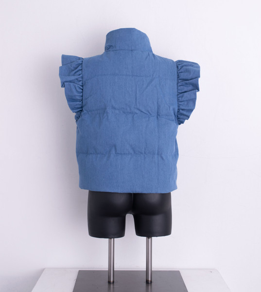 Ruffle sleeve puffer vest in denim material for women
