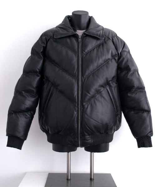 Mens Black V Style Puff Bomber Leather Jacket