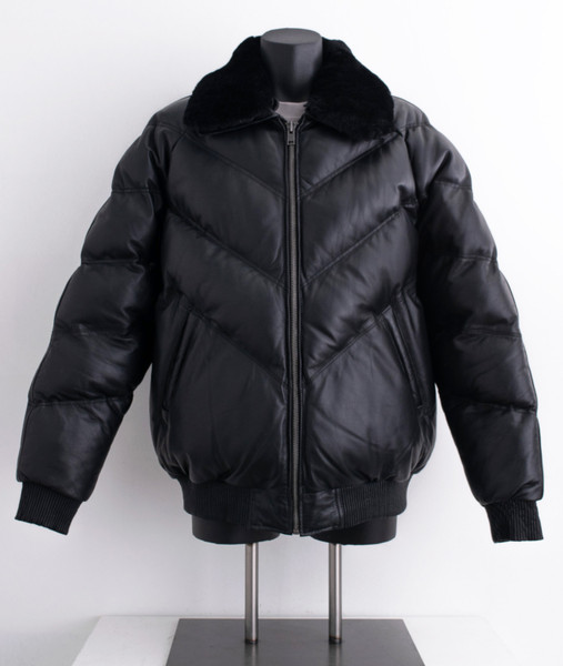 Black V Style Puff Bomber Leather Jacket for men