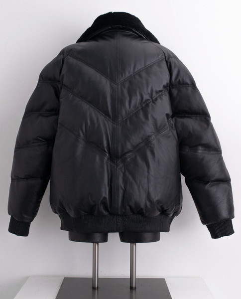 Black V Style Puff Bomber Leather Jacket quality winter coats