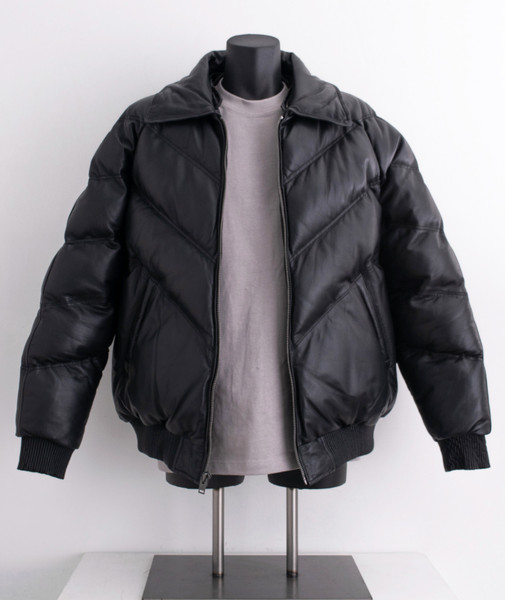 Black V Style Puff Bomber Leather Jacket