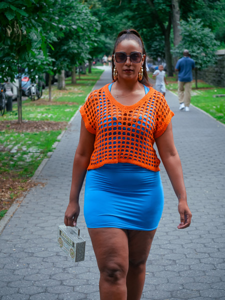Split Neck Tank Midi Bodycon Dress Sky Blue with orange top