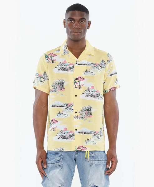 Detail of all-over Japanese pattern and soft cotton-rayon fabric
