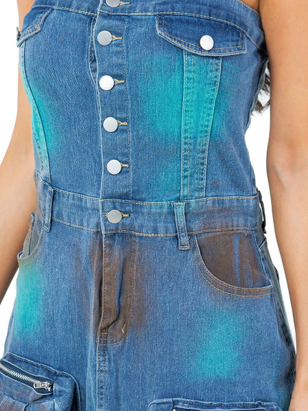 Close up of Denim Tube Top Dress with Cargo Pockets