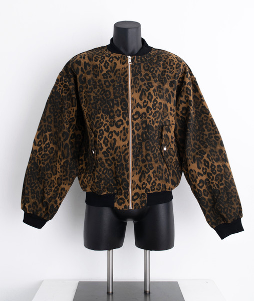 Oversized Thick Twill Leopard Print Bomber Jacket 