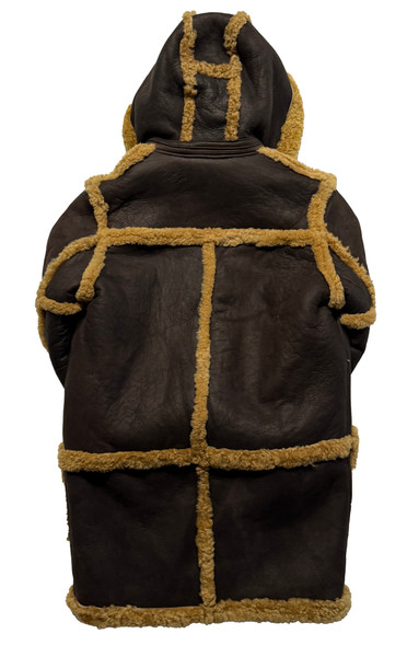 Back view of brown sheepskin toggle coat for men