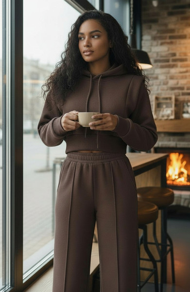 model wearing Cotton womens sweatsuit with velour lining 2 piece set