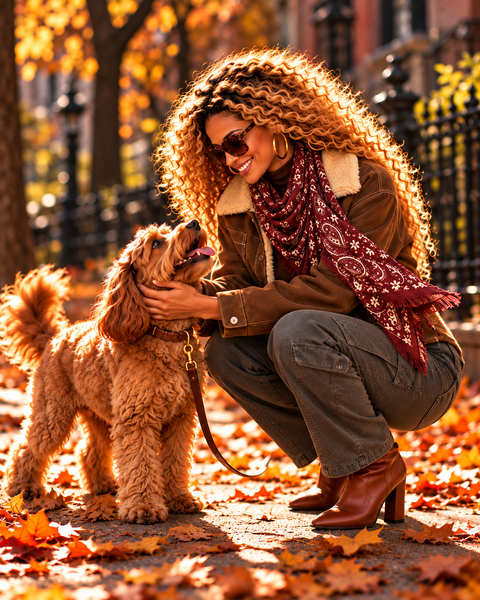 wearing sheepskin jacket petting dog