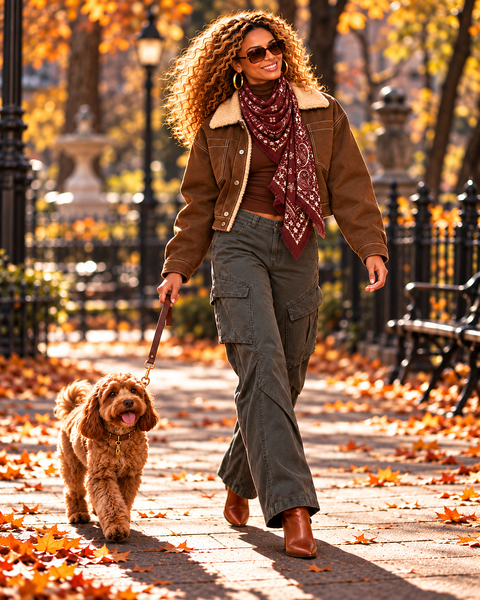 women wearing cropped sheepskin jacket walking win the park