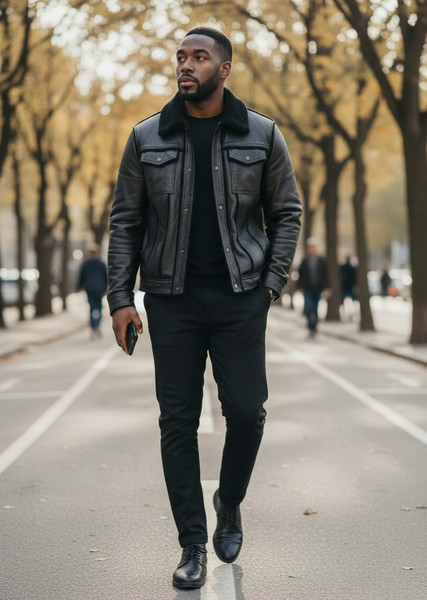 Man walking in trucker style sheepskin coat