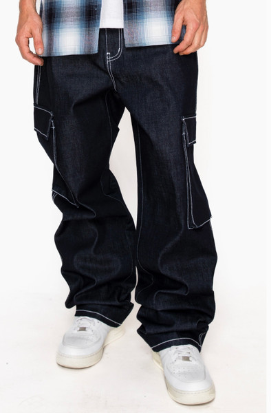 Baggy Mens indigo raw denim jeans on a model