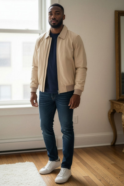 man wearing a cream leather baseball jacket from hip hop closet