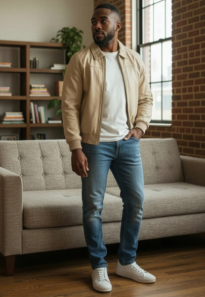 Men wearing cream leather jacket street style look