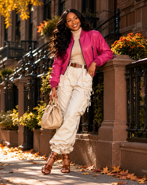 women wearing a Ladies Hot Pink Real leather Jacket lifestyle image hiphopcloset