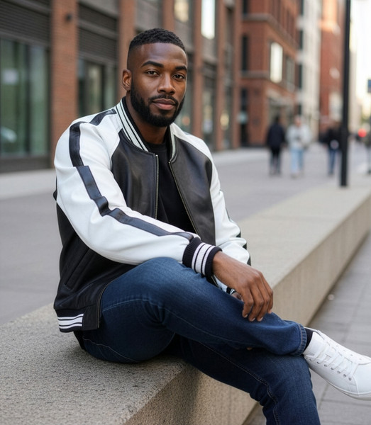 Mens model wearing a Leather jacket