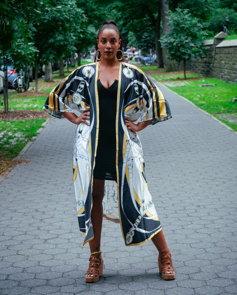 Elegant long duster kimono with luxury-inspired chain print