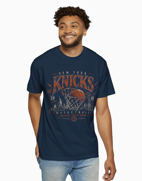 Vintage New York basketball graphic T-shirt in navy blue with retro basketball artwork