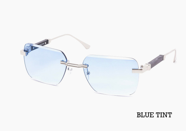 Rimless Gradient Miter-Cut Wood Temple Sunglasses - Blue Tint