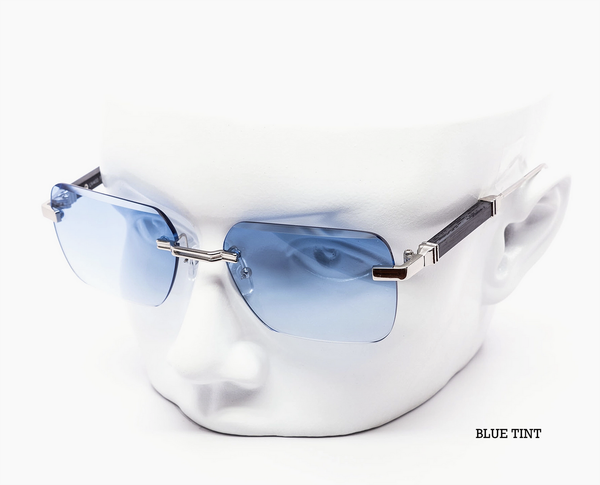 Rimless Gradient Miter-Cut Wood Temple Sunglasses - Blue Tint