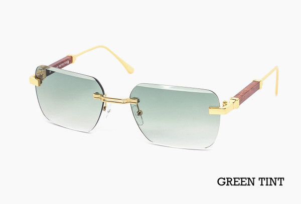 Rimless Gradient Miter-Cut Wood Temple Sunglasses - Green Tint