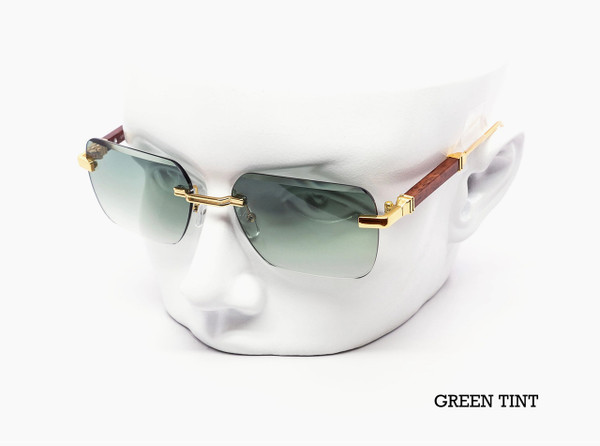 Rimless Gradient Miter-Cut Wood Temple Sunglasses- Green Tint