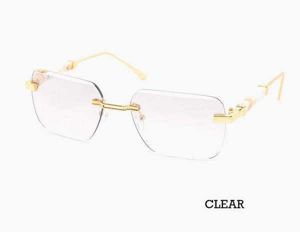 Rimless Gradient Miter-Cut Wood Temple Sunglasses - Clear