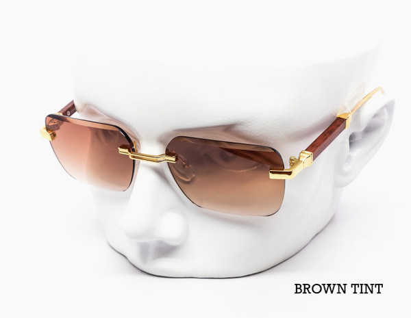Rimless Gradient Miter-Cut Wood Temple Sunglasses - Brown Tint