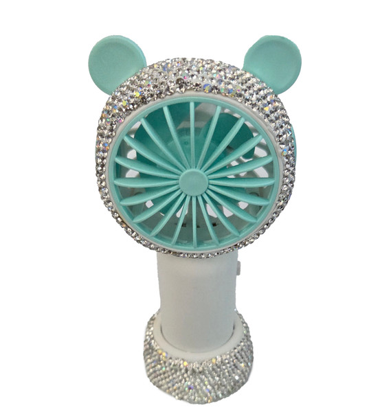 Sparkling turquoise portable fan with crystal rhinestone details
