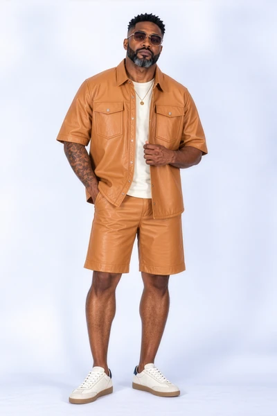 Man wearing a men’s cognac leather shorts set with short sleeve button-up leather shirt, matching shorts, white tee, sunglasses, and sneakers.