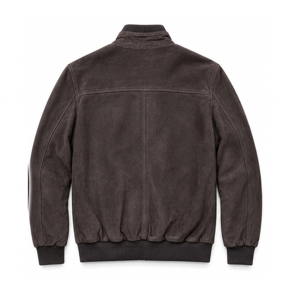 Back view of men’s chocolate brown suede bomber jacket